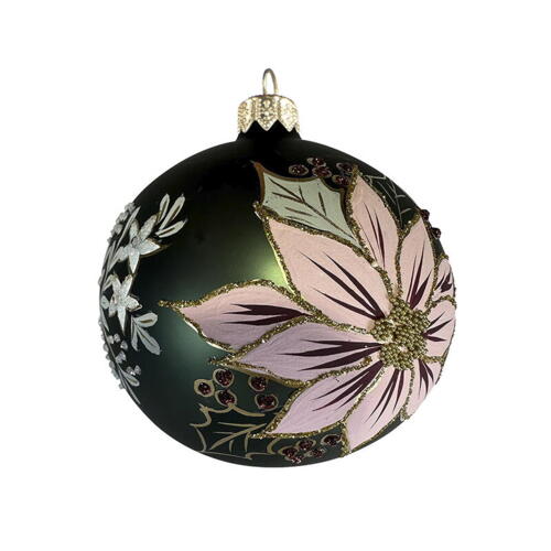 GLASS ORNAMENT - Green/pink poinsettia - FOR PRE-ORDER (coming at the beginning of October)